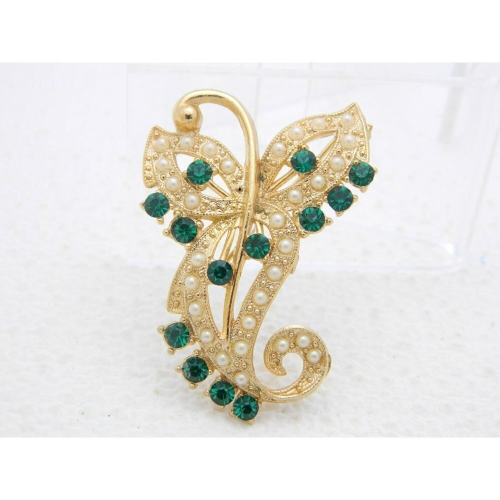 VTG Gold Tone Green Rhinestone Faux Pearl Art Nouveau Style Pin Brooch